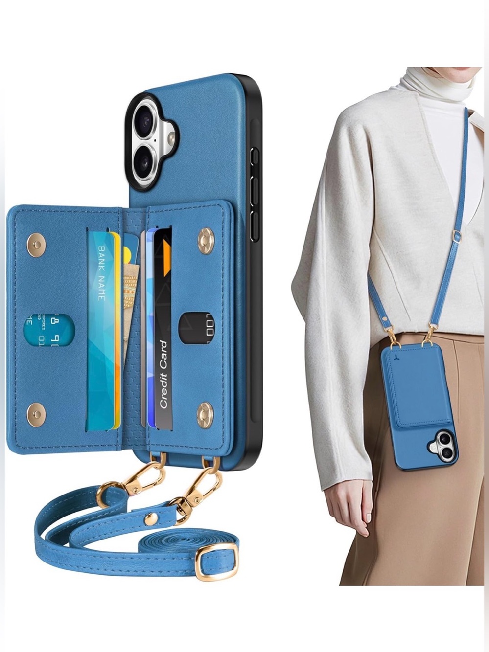 TUCCH Crossbody Wallet Phone Case – iPhone 16 (6.1”) – Blue – New, Damaged Box